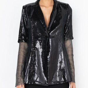 Shop Akira BALL DROP SEQUIN BLAZER WITH RHINESTONE MESH ARMS